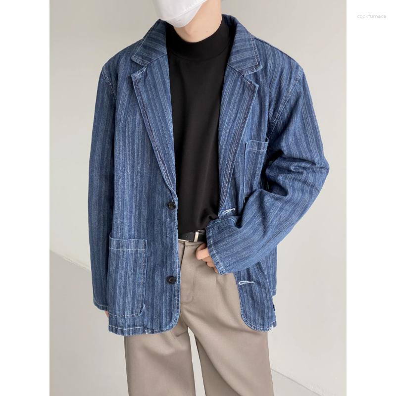 

Men's Suits Blazers Men Loose Suit Collar Striped Denim Jacket Male Spring Autumn Single Breasted Long Sleeve Casual Jeans Coat, Blue