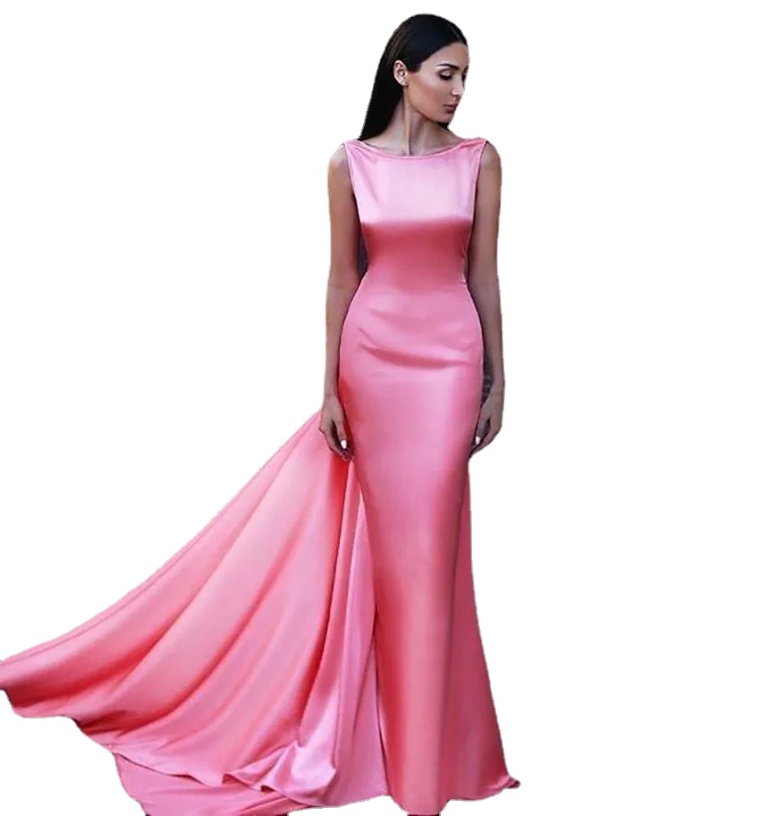

Mermaid Formal Evening Dresses Scoop Backless Middle East Women Evening Gowns with Wraps Watermelon Pink Dinner Dresses