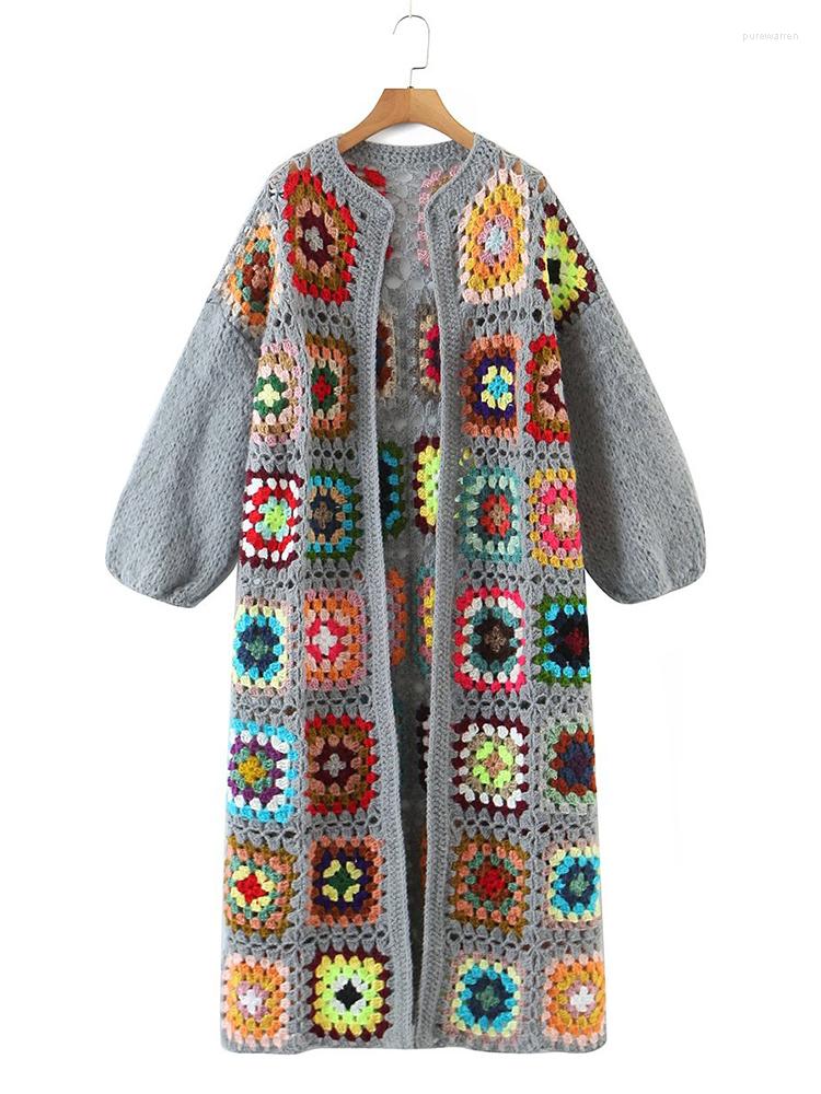 

Women's Knits YENKYE Autumn Women Boho Flower Plaid Hand Crochet Long Cardigan Sweater Coat Vintage Lantern Sleeve O Neck Female Outerwear, Pink