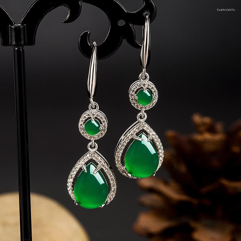 

Dangle Earrings Natural Green Chalcedony Water Drop Jade Fashion Boutique Jewelry Women's Silver Needle Agate
