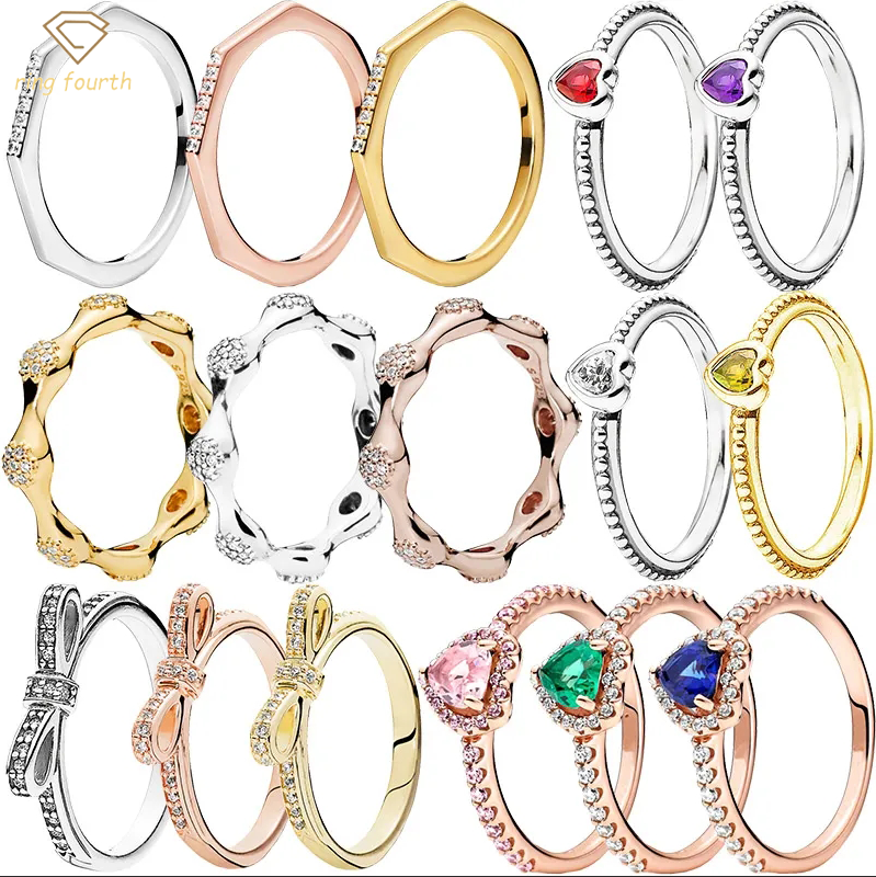

925 Silver Women Fit Pandora Rings Original Heart Crown Fashion Ring Sparkling Promise Elevated Heart Bow Halo Clear Zircon CZ Tiara