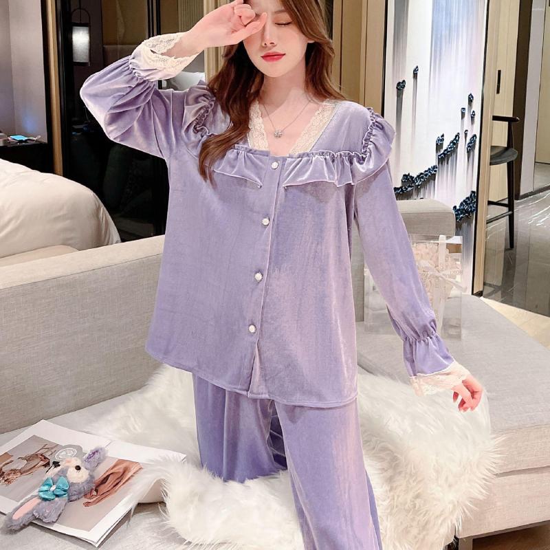 

Women's Sleepwear Fashion Autumn Winter Ruffled Gold Velvet Pyjamas Pajamas Velour Long Sleeve Shirt Pants Women Nightwear, Pink