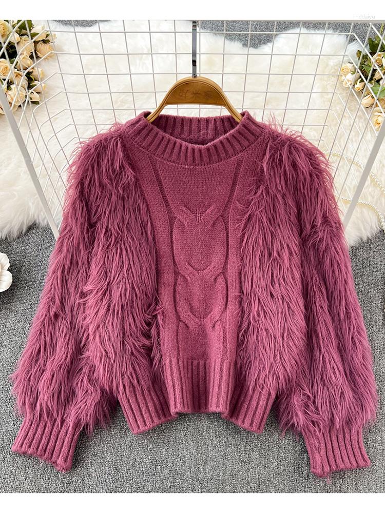 

Women's Sweaters Women Autumn Winter Sweater Round Neck Fried Dough Twist Loose Thin Soft Waxy Knitting Foreign Style High Waist Short Top, Pink