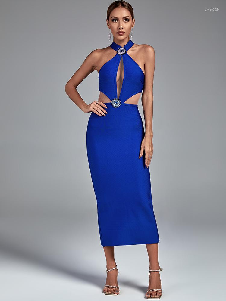 

Casual Dresses Crystal Celebrity Bandage Dress Women Blue Bodycon Evening Party Elegant Sexy Cut Out Midi Birthday Club Outfits Runway
