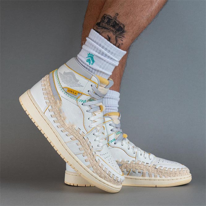 

2023 Authentic Union LA x 1 High OG Woven SP Sail Wolf Grey Muslin Pale Vanilla/Kinetic Green Metallic Gold Men Sports Sneakers With Original box FD2565-100