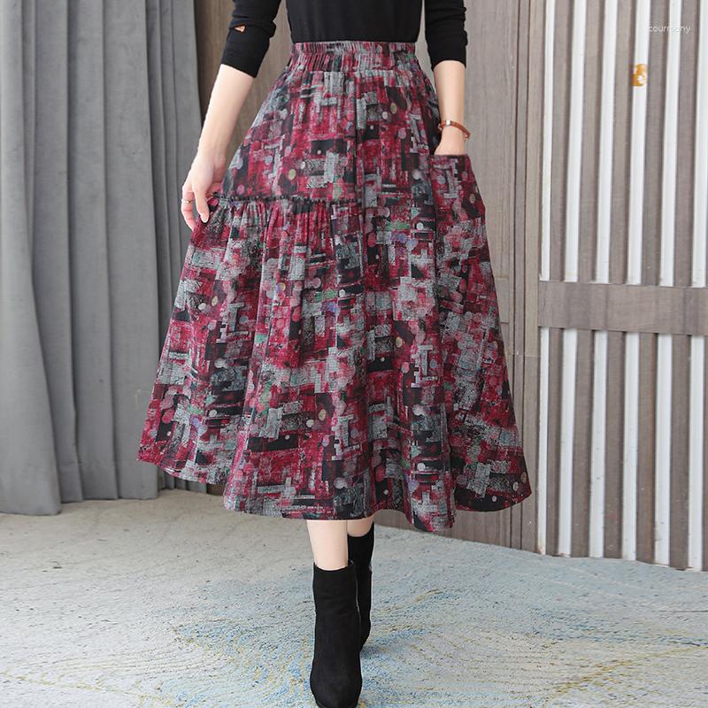 

Skirts TingYiLi Vintage Pocketed Ruffled A-line Midi Skirt Spring Autumn High Waist Printed Women Red Khaki Blue Korean