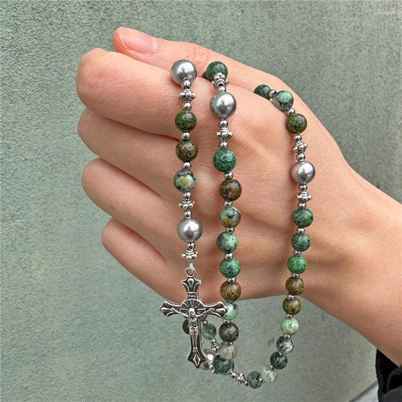 

Charm Bracelets Christ Jesus Cross Pendant Necklace Natural Stone Beads Virgin Mary Neckaces For Women Men Catholic Rosaries Religious
