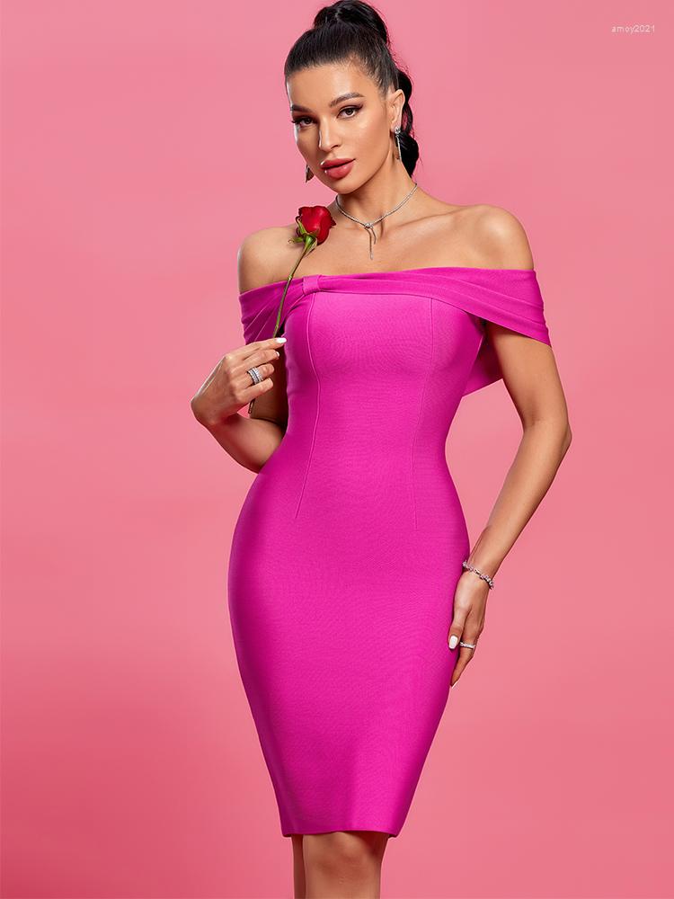 

Casual Dresses Pink Bandage Dress Women Off Shoulder Party Bodycon Elegant Sexy Knee Length Birthday Club Outfit 2023 Summer Arrival