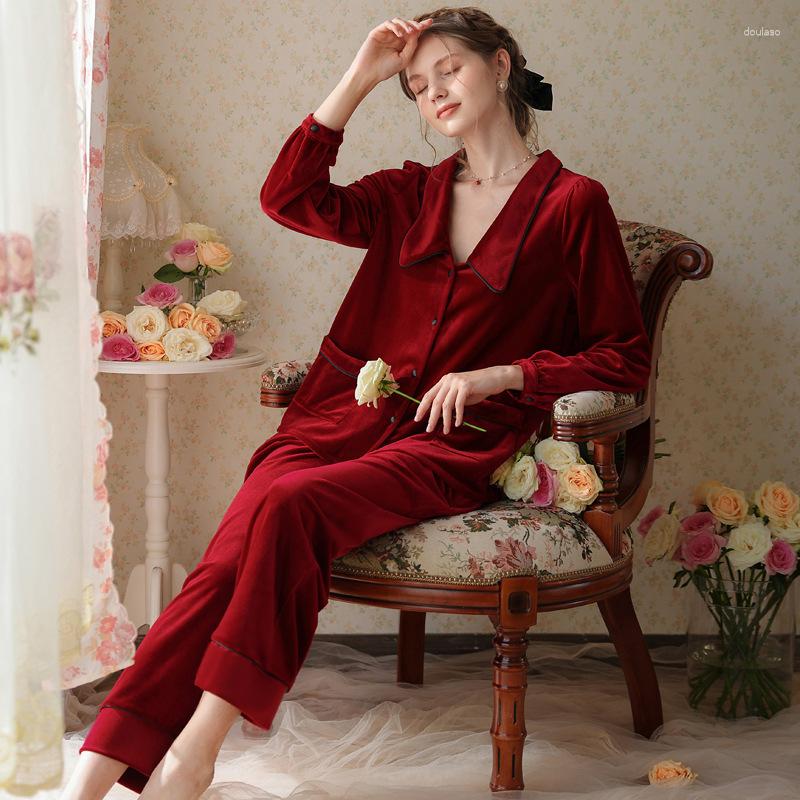 

Women's Sleepwear Women Velour Pyjamas Velvet Two Piece Pajama Set Autumn Winter Long Sleeve Sleepshirts With Pockets Trousers Nightwear, Burgundy