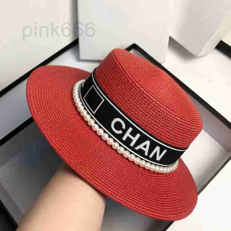 

Wide Brim Hats & Bucket Designer straw hat brand letter cap female versatile pearl letters flat top Japanese large Sun Protection Beach shows small face TM3U, Ch-red
