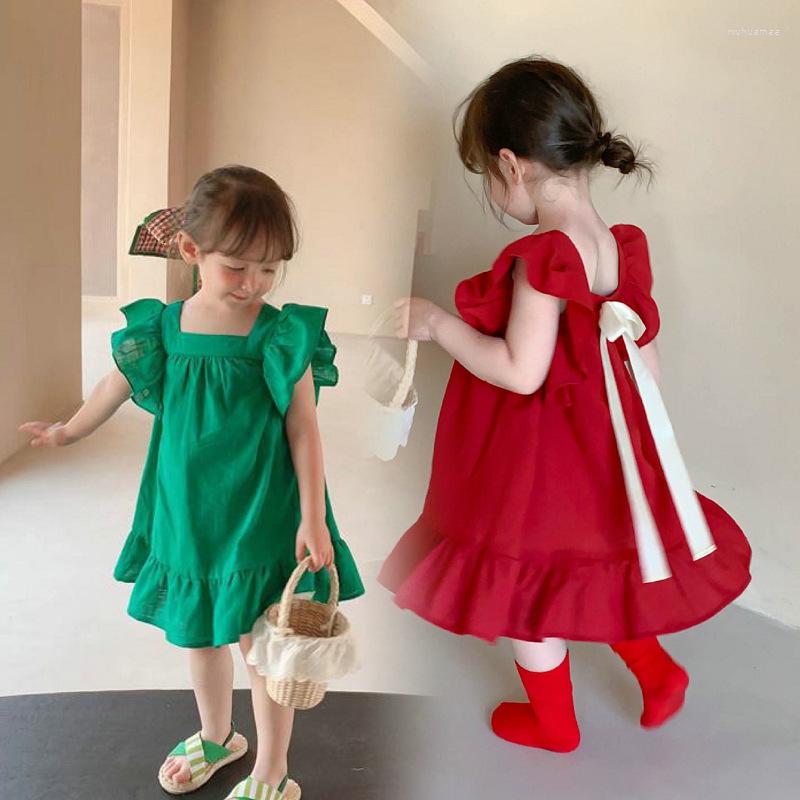 

Girl Dresses Summer Fashion Baby Girls Cotton Plain Ruffled Sleeves Backless Bow Tie Princess Dress Kids Lovely Outfits Clothing 2-8 Years, Green