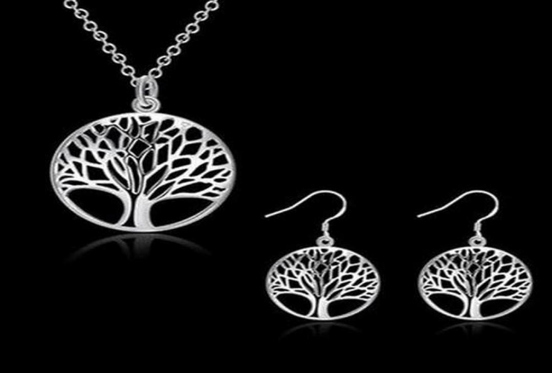 

New Round hollow wish tree pendant necklace Tree of Life 925 Silver Necklace earring4083080