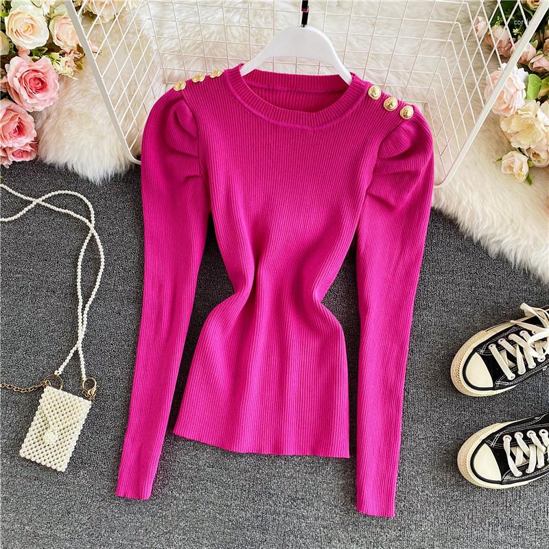 

Women's Sweaters Amolapha Women Soild Buttons Puff Sleeve Long-sleeved Sweater Knitted Jumper Tops, Black