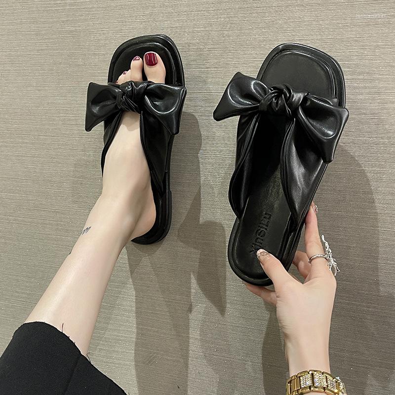 

Sandals Women's Slippers 2023 Summer Bow Luxury Square Head Flat Heel Female Plus Size Outdoor Beach Comfortable Shoes, Beige