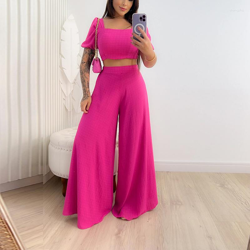 

Women's Two Piece Pants CINESSD 2023 Spring Fashion Casual Set Solid Color Square Collar Wrapped Chest High Waist Wide Leg Two-Piece, Blue