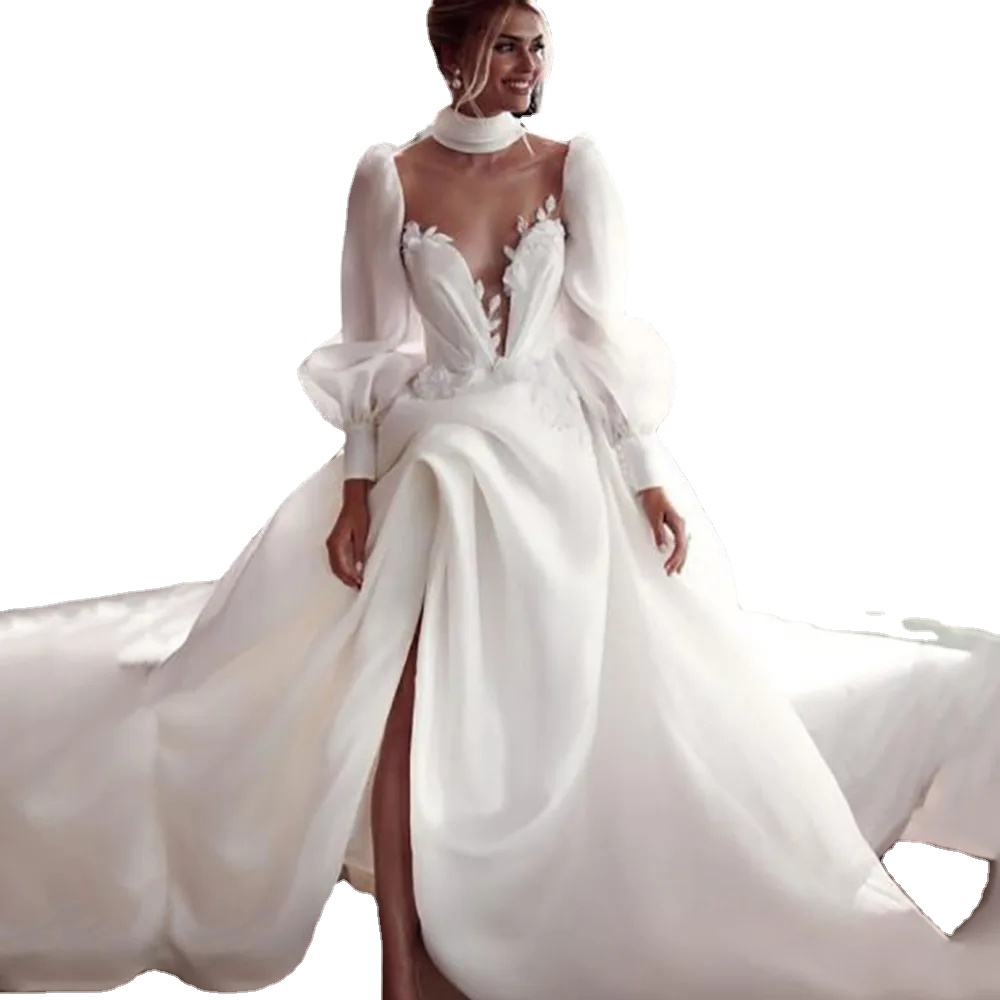 

Simple Princess Long Wedding Dresses Bridal Gowns A Line Illusion High Neck Puff Full Sleeves Side Split White Ivory Lace Bride Dress Robe De Mariee, Sage