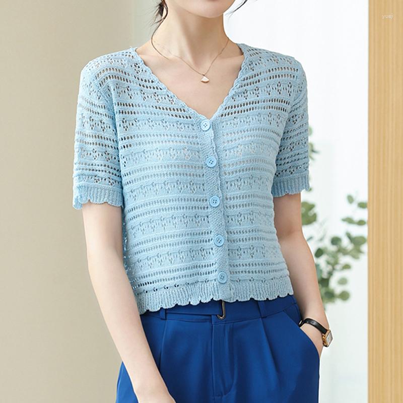 

Women's Knits Women Crocheted Short Sleeve Knit Hollow Out Cardigan For Summer V Neck Solid Sweet Cute Kawaii 6761, Sky blue