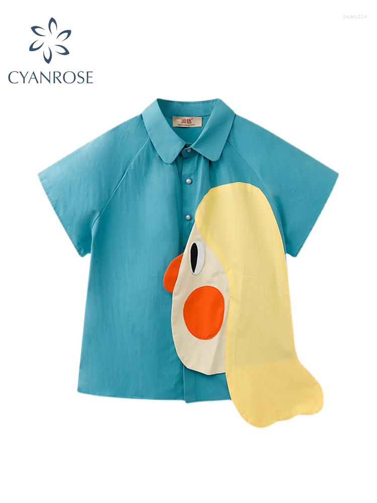 

Women' Blouses 2023 Spring Women Kawaii Cartoon Shirts Fashion Short Sleeve Turn-down Collar Shirt Female Streetwear Casual Loose Cute, Sky blue