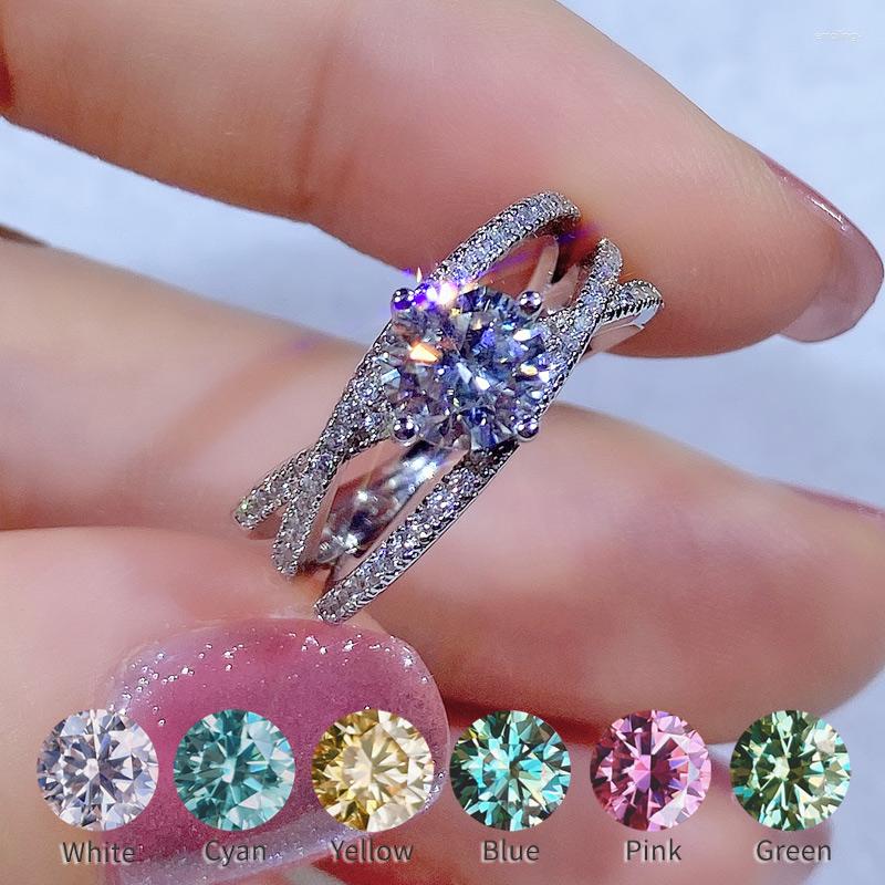 

Cluster Rings Real Moissanite Ring One 1ct For Women Blue Cyan Pink Yellow Green White Diamond Three Laps Sterling Silver