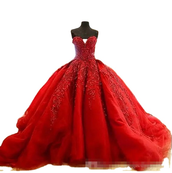 

Luxury Real Image Ball Gown Red Wedding Dresses Lace Top quality Beaded Sweetheart Sweep Train Gothic Wedding Dress Civil vestido de, Ivory