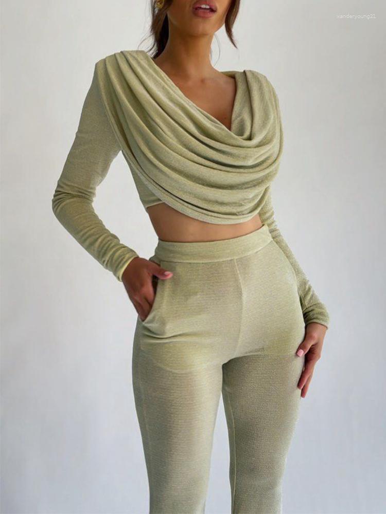 

Women's Two Piece Pants Glitter Draping Long Sleeve Top And Set 2023 Arrival Green 2 Women Autumn Sexy Club Party Outfits