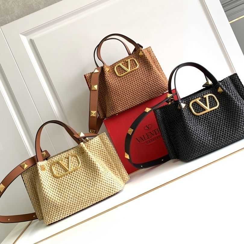 

Bohemian Style Valetino Women Bag Lafite Woven Tote Bag VWUO Vacation Lulu Backpack Minimalist Rivet Handbag Large Capacity One Shoulder Women's Purse Wallet, Black small size 25cm in length