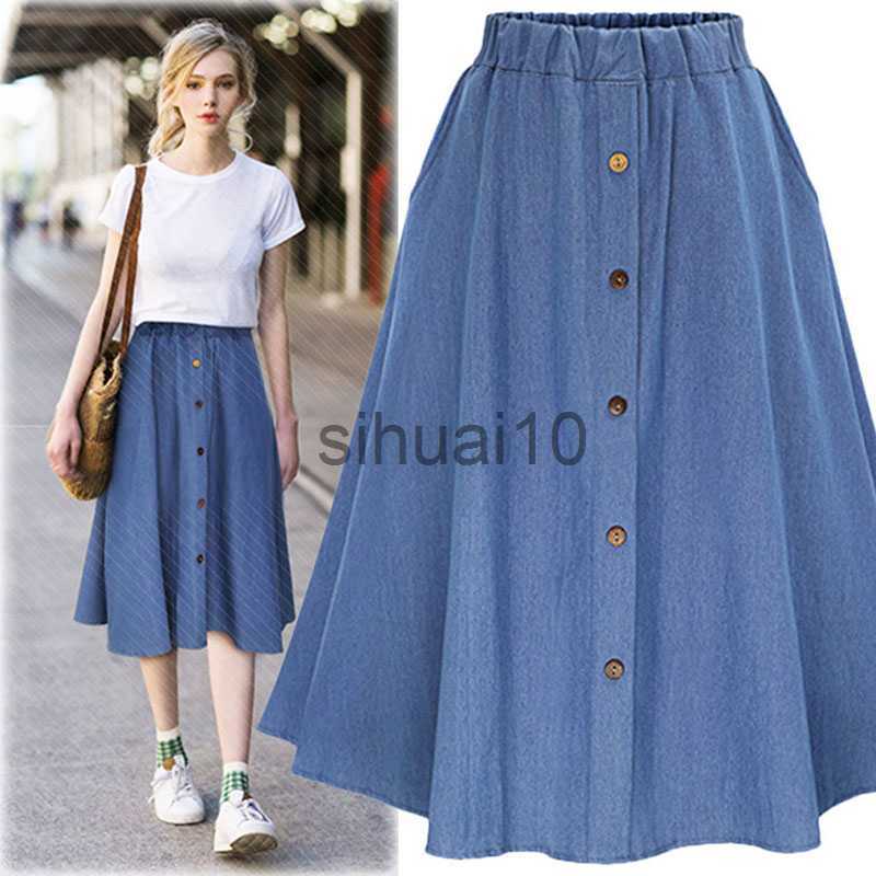 

Skirts Fashion Korean Preppy Style Imitation Denim Skirts Women Solid Long Skirt Nature Waist Female Big Hem Casual Button Jean Skirt J230621, White b