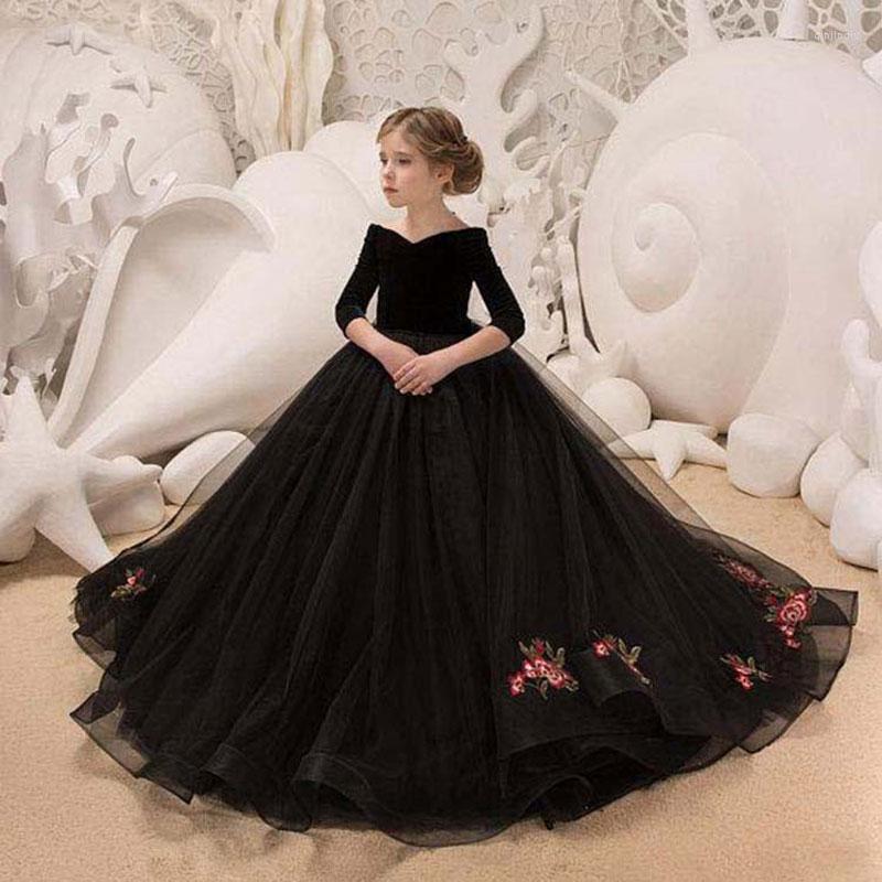 

Girl Dresses Formal Evening Tail Dress For Teen Girls 3-13 Years Black Princess Party Gown Flower Bridesmaid Wedding Tulle, Solid black