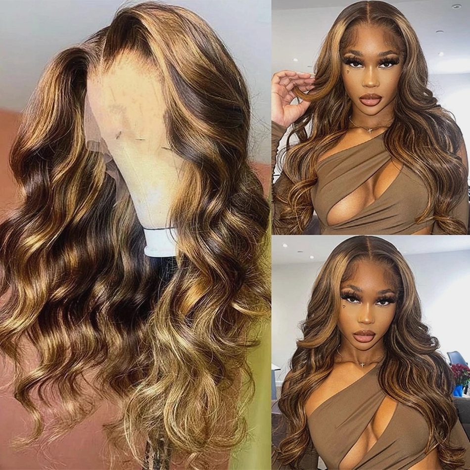 

New Design 28 Inch Colored Highlight Body Wave 13x6 Hd Lace Front Human Hair Wigs Honey Blonde 13x4 Water Wave Lace Frontal Wig for Women, Brown
