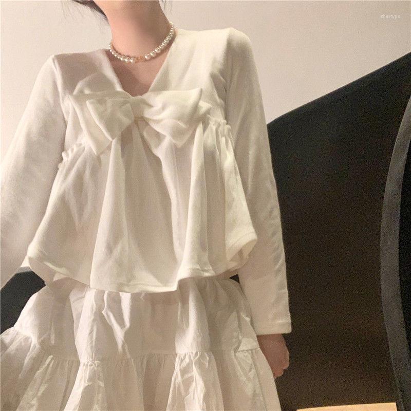 

Women' Blouses Women Kawaii Ins Cropped Lovely College Preppy Girls All-match Casual Spring Bow Mujer Tops Solid Design V-Neck Fashion, White