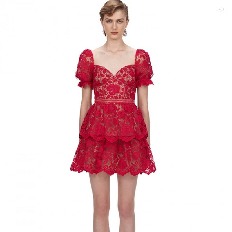 

Party Dresses High Quality Summer Women' Clothing Flower Lace V Neck Elegant Cake Mini Dress Vestido, Red
