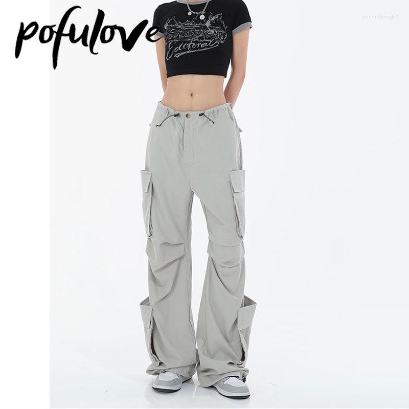 

Women's Pants Cargo Women Streetwear Loose Wide Leg Straight Vintage Casual Leggings Mop Summer Thin Big Pocket Trousers, Grey