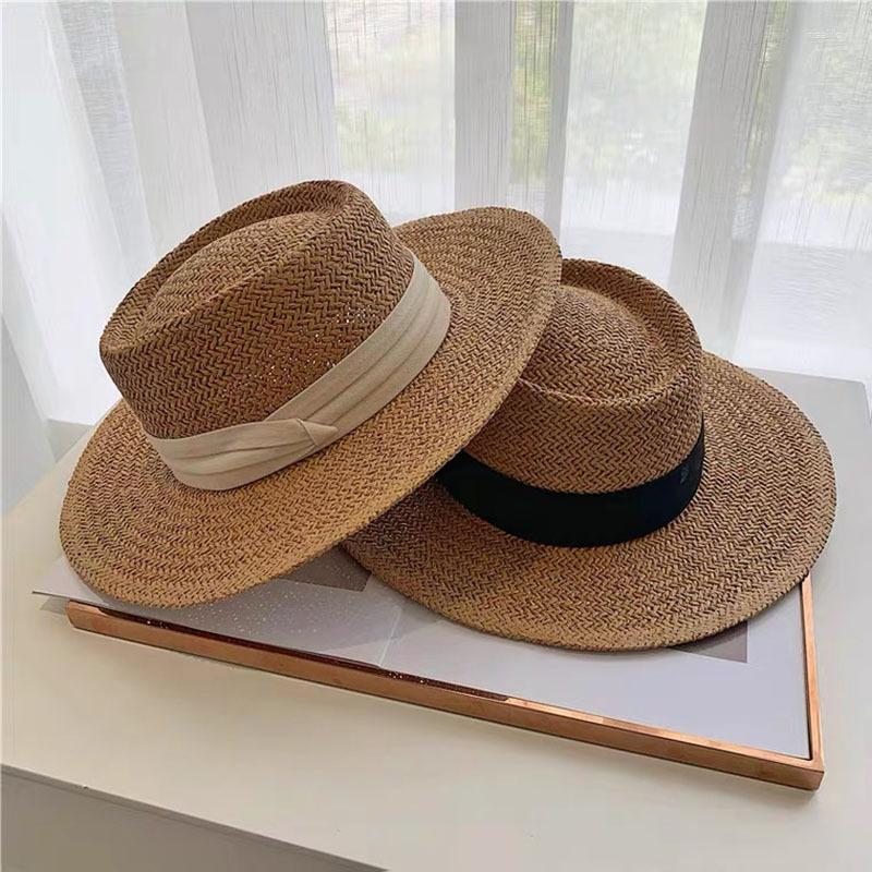 

Wide Brim Hats Summer Natural Raffia Straw Hat For Women Parent-child Fashion Brand Flat Top Sunhat Casual Panama Sunscreen Beach HatWide, Black