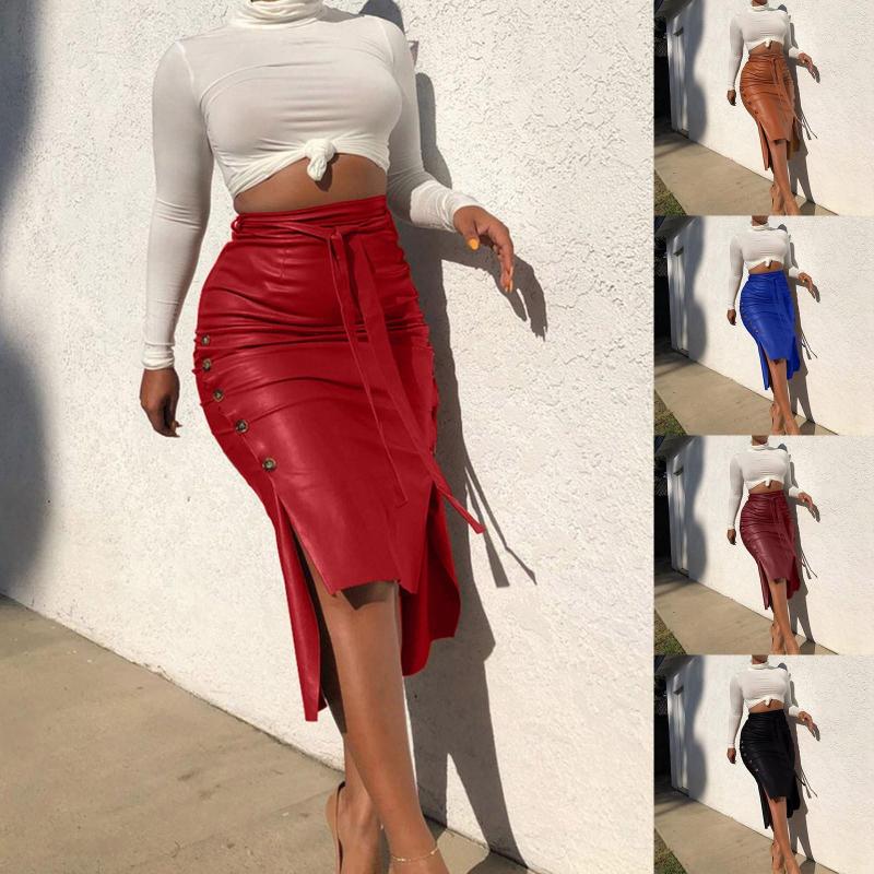 

Skirts Women Knee Length High Waist Spilt Pu Leather Midi Pencil Skirt Open Side Lace Up Zip Bandage Bodycon Faux Shorts