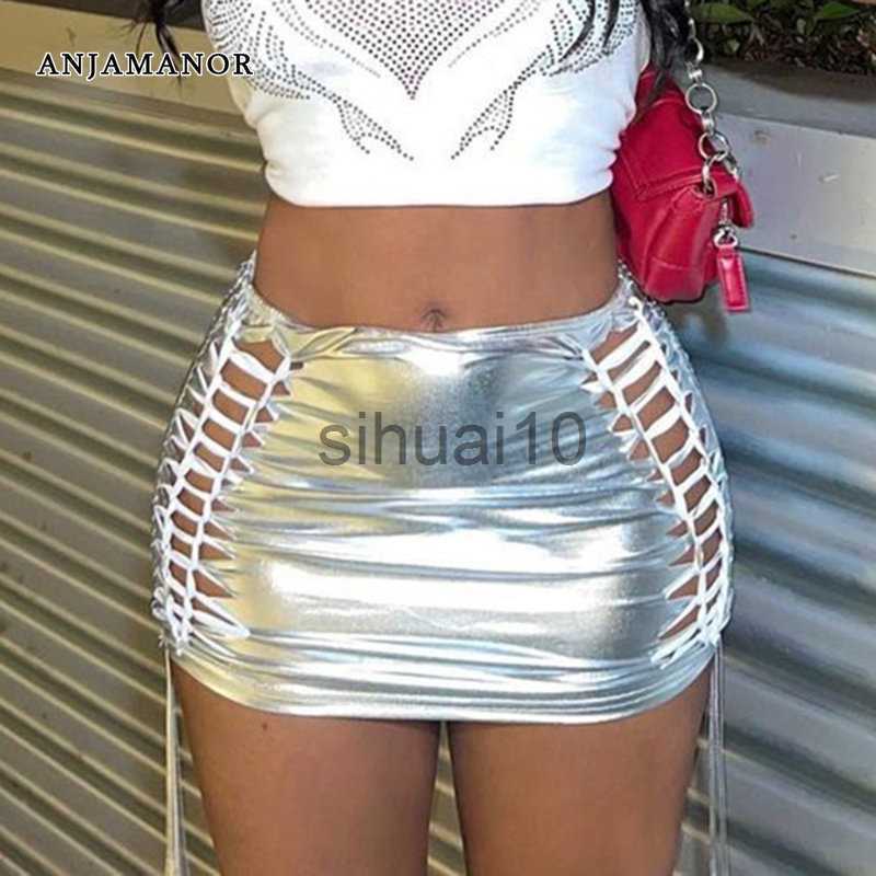 

Skirts ANJAMANOR Metallic Silver PU Leather High Waisted Mini Skirts Sexy Clubwear Rave Clothes Women Hollow Out Bandage Skirt D82-BI11 J230621, Blue