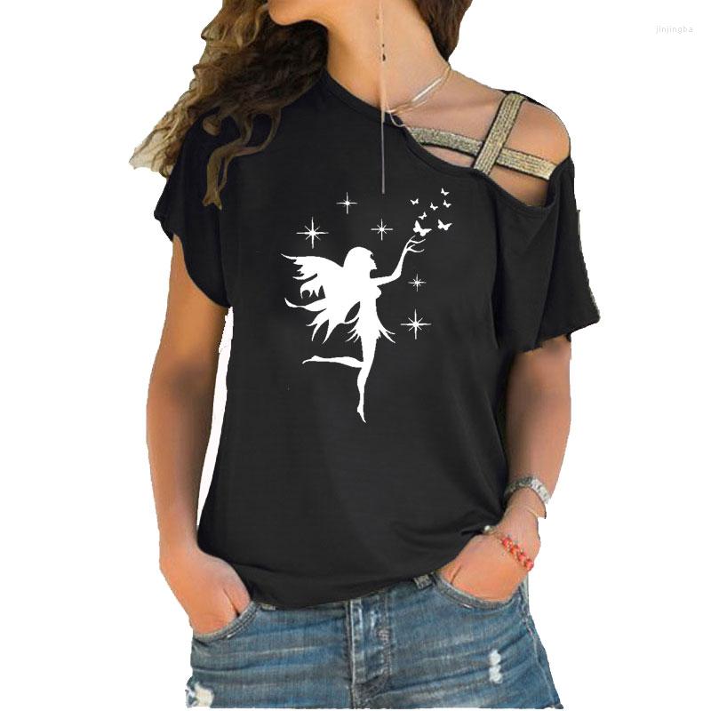 

Women' T Shirts Summer Woman Tee Shirt Fairy Butterfly Art Fashion Irregular Skew Cross Bandage Style Tops, 15