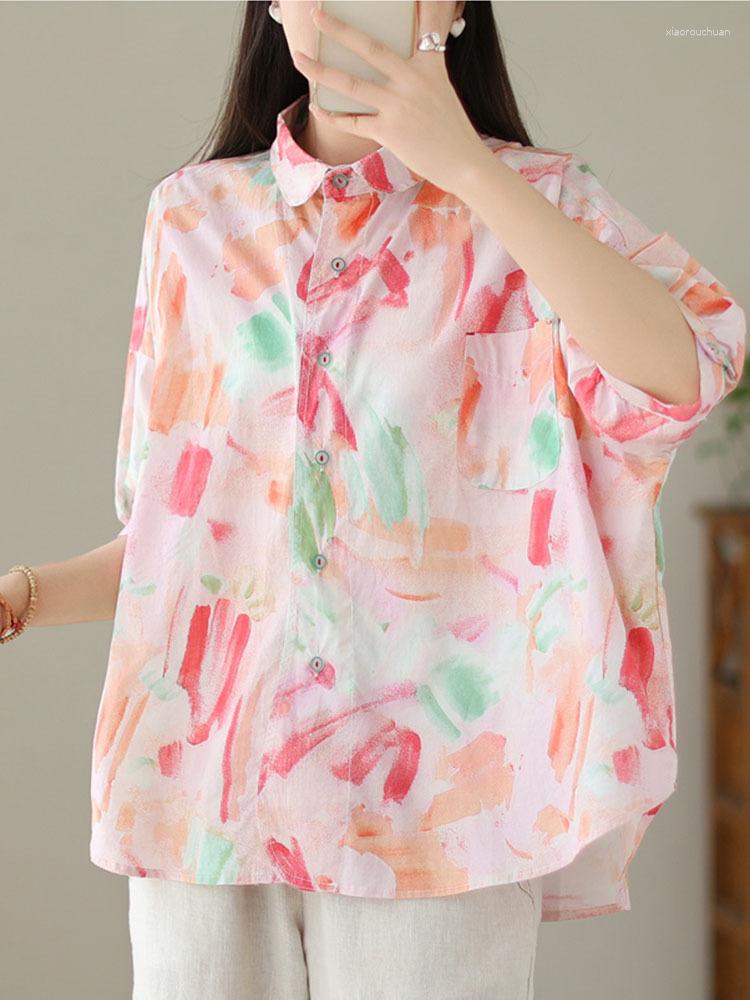 

Women's Blouses Elegant Oversized Tops Summer Fashion Clothes Korean Lady Luxury Loose Printed Pocket Shirts Females Classic Casual, Pink