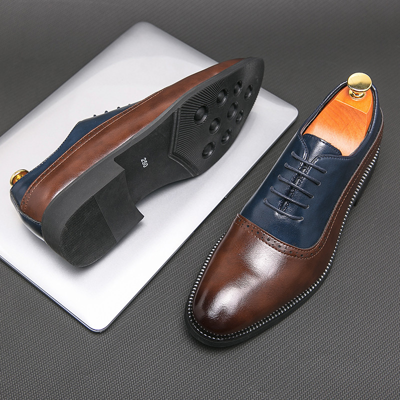 

Size -46 Spring Blue Brown Mens Brogue Shoes Pointed Business Dress Shoes Men Lace-up Elegant Men Leather Shoes sapato social, Baizong 8771