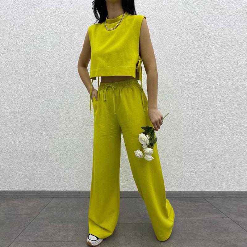 

Women' Two Piece Pants CINESSD Summer Fashion Casual Suit Half Turtleneck Knotted Short Waistcoat High Waist Trousers Two-Piece Set For, Black