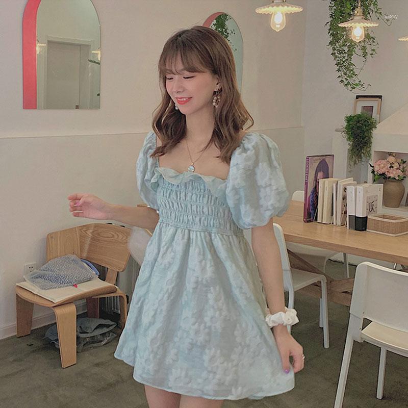 

Party Dresses Fairy Dress 2023 Summer Women' Puff Sleeves Floral Printed Square Neck Ruffle Casual High Waist Princess Korean Mini, White