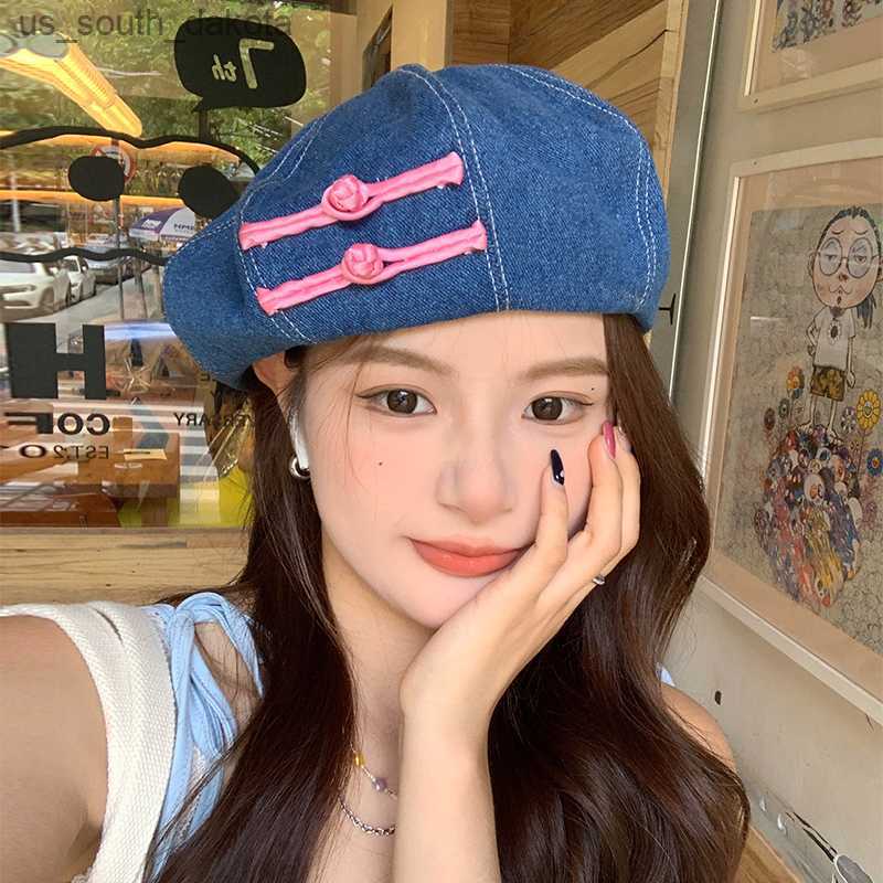 

Korean Version of The New Denim Beret Women's Summer Versatile Chinese Buckle Painter Hat Fashion Sweet Retro Octagonal Cap L230523, Light blue