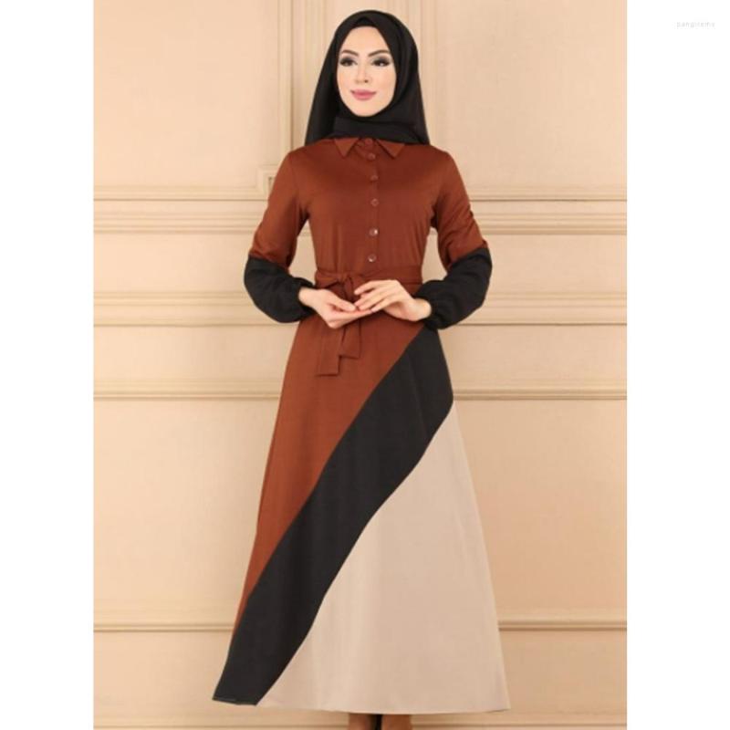 

Ethnic Clothing Wepbel Long Sleeve Elegant Abaya Robe Islamic Dress Patchwork A-line Muslim Women Lapel O-neck Big Swing Kaftan
