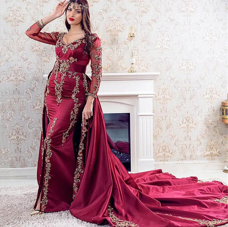 

Arabic Kaftan Burgundy Mermaid Evening Dresses With Detachable Train Front Split Long Sleeves Satin prom Event Gowns Appliques, Royal blue