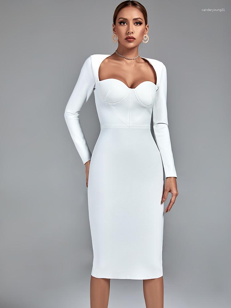 

Casual Dresses Midi Bandage Dress Women White Bodycon Evening Party Elegant Long Sleeve Sexy Club Outfits 2023 Autumn Winter