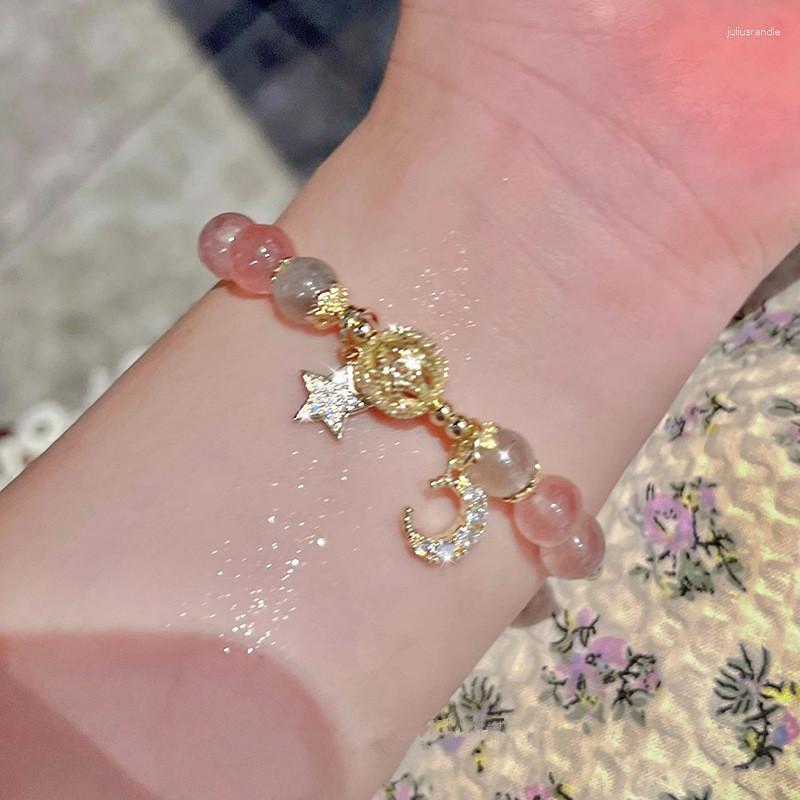 

Link Bracelets 2023 Inlaid Zircon Star Moon Pink Crystal Bead Bracelet For Women Personality Fashion Wedding Jewelry Birthday Gift