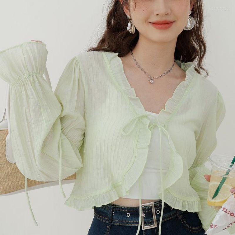 

Women's Swimwear 2023 French Clothing Sunscreen Top Women's Short Section V-neck Long-sleeved Shirt Loose Ruffled Blouse Outside, White