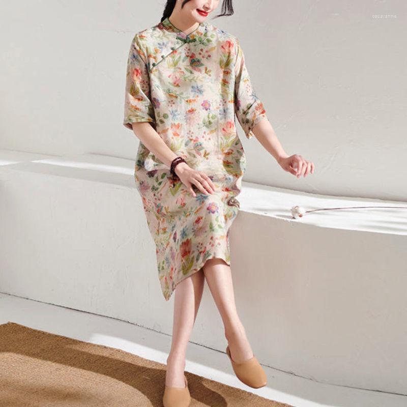 

Ethnic Clothing 2023 Spring Summer Cotton Qipao Chinese Style Lady Standing Collar Retro Improved Ramie Long Dress