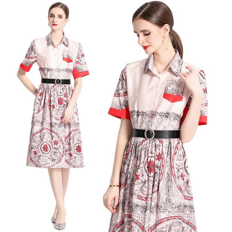 

Summer Short Sleeve Lapel Midi Shirt Dress 2023 Women Designer Fashion Vacation Print Button Front Slim Belted Elegant Big Swing Sundresses Sweet Robes Vestidos, White