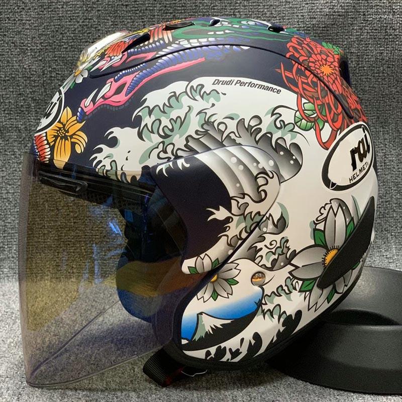 

Motorcycle Helmets Safety Hat Women And Men Summer Season Design Luminous Helmet Japanese Dragon Half Single Visor, With clear visor