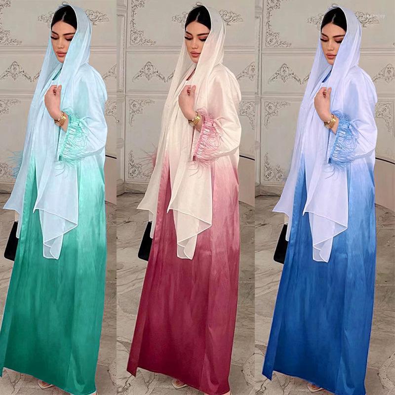 

Ethnic Clothing Eid Gradient Color Muslim Dress Sets 2 Pieces Suits Islamic Women Feather Modest Jalabiya Ramadan Abayas Kaftan Elegant